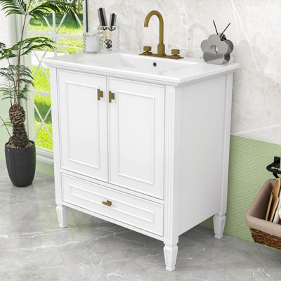 Meuble-lavabo autoportant avec lavabo en céramique, tiroir et 2 portes à fermeture en douceur