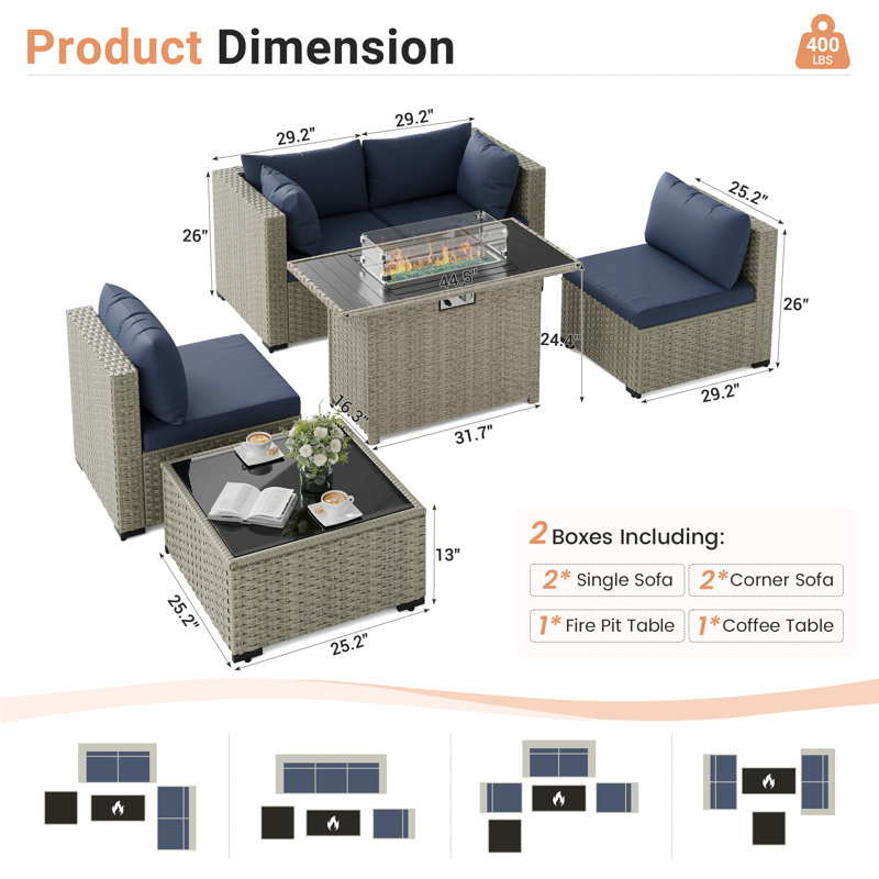 5 Pieces Design-Oriented Rattan Patio Conversation Sets With Fire Pit, Navy