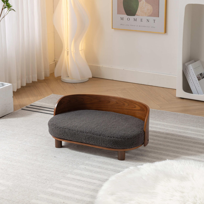 Canapé surélevé pour chien avec pieds en bois massif et dossier en bois cintré, coussin en cachemire, Gris foncé / noyer 