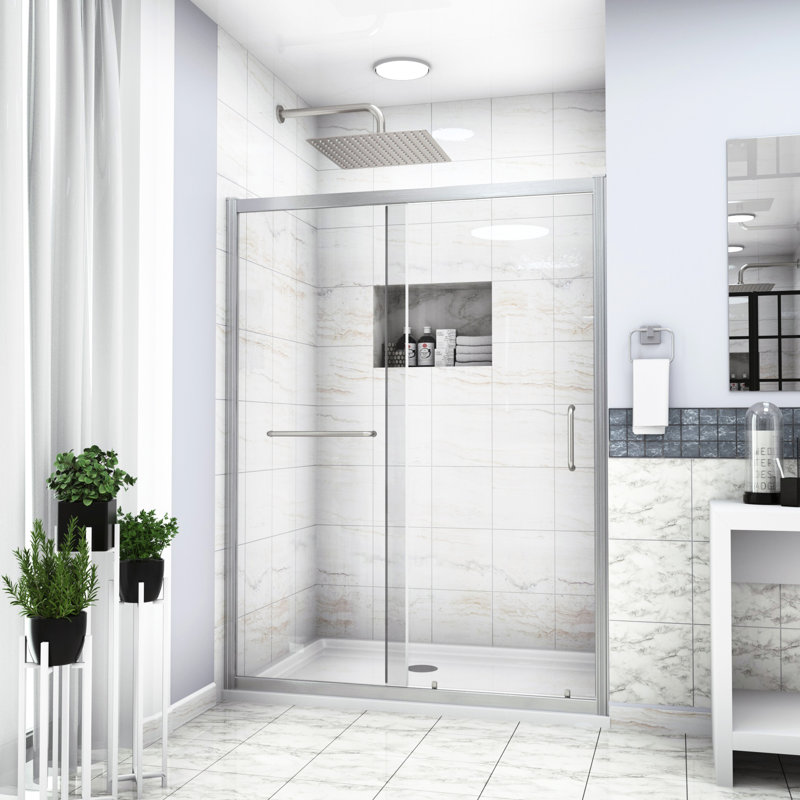 Cabine de douche coulissante simple, l 60 po x H 72 po, nickel brossé - verre trempé, salle de bain Essential H indispensable, qualité exceptionnelle