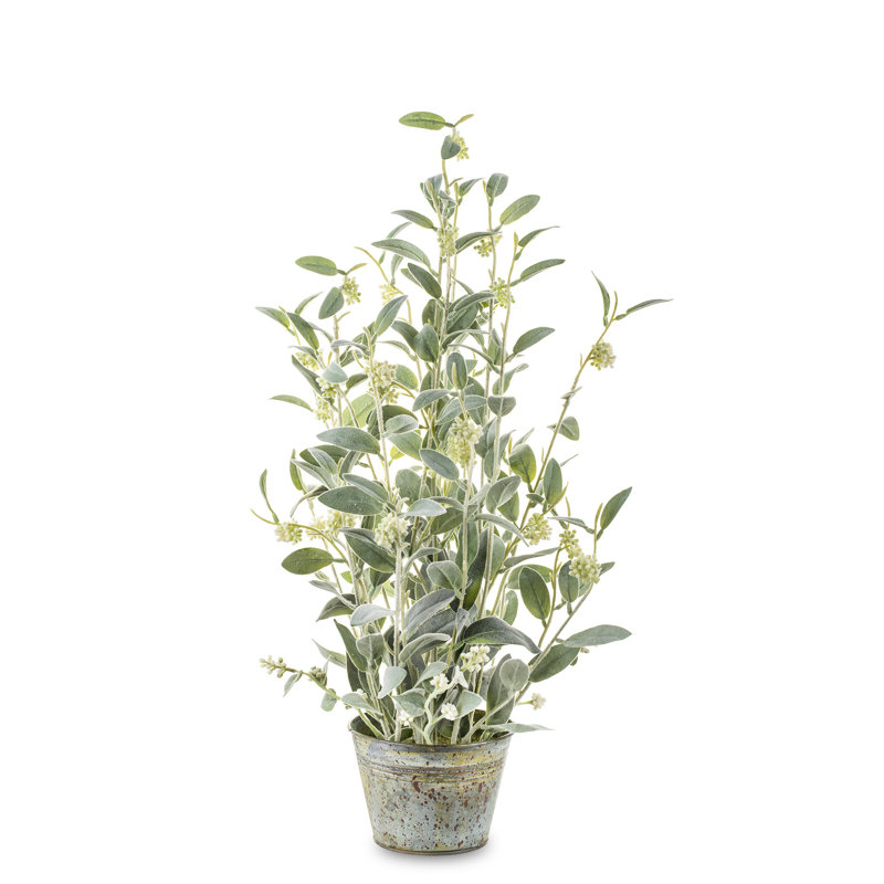 Faux Evergreen Plant in Stone Pot, 66cm H x 40cm W x 40cm D, Light Blue