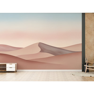Desert Watercolor Sunset Wallpaper Mural – Elegant Warm Toned Dune Landscape With Cactus & Mesas – Terracotta Peach Wall Art Decor