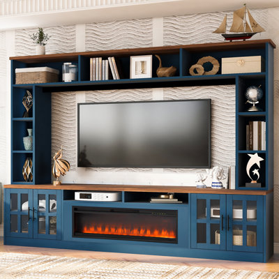 Wide Wall Unit Entertainment Centre with Bookshelves, Electric Fireplace, and Adjustable Shelves, Modern TV Stand Media Console