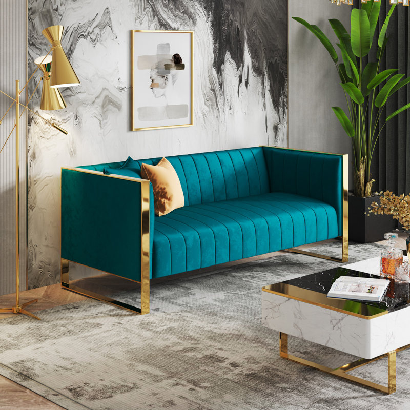 Trillium 83.07'' Upholstered Sofa, Aqua Blue Velvet