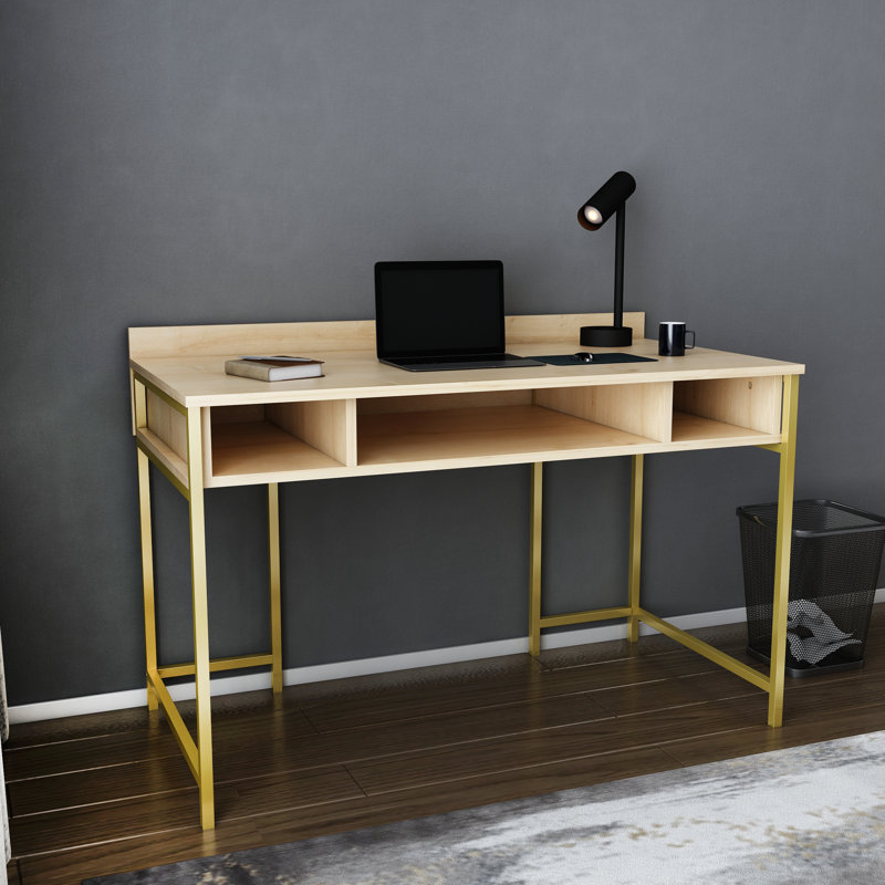Alma Desk Metal Base Writing Desk, Oak/Gold