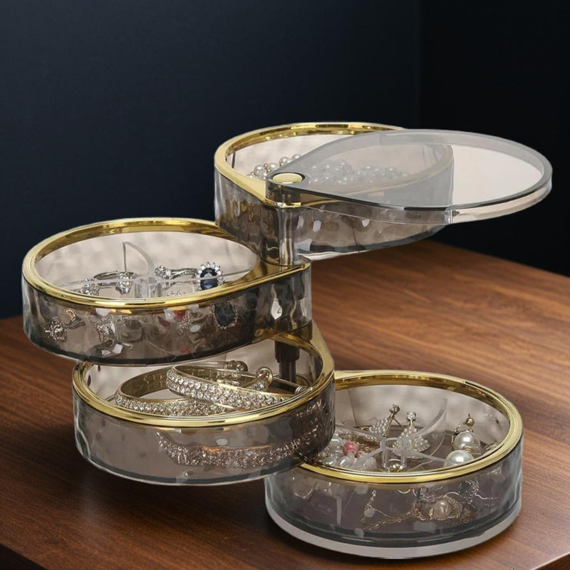 Boîte de rangement rotative pour bijoux à 4 niveaux avec vue - rangement compact pour bagues, boucles d'oreilles, colliers, bracelets et accessoires pour cheveux