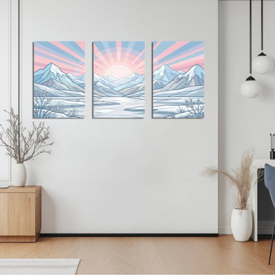 Ensemble de 3 tableaux sur toile représentant un paysage de montagne en hiver