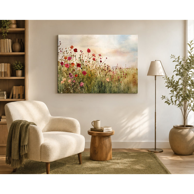 Coucher de soleil sur fond de coquelicots, H 30 po x l 40 po