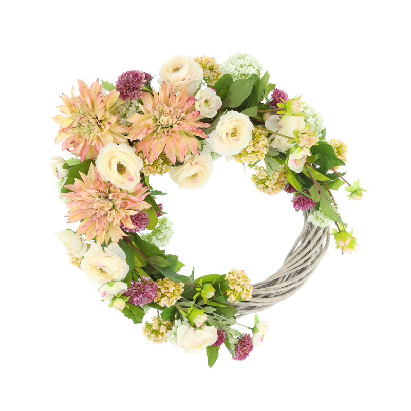 Couronne de printemps 26 po avec dahlias et renoncule