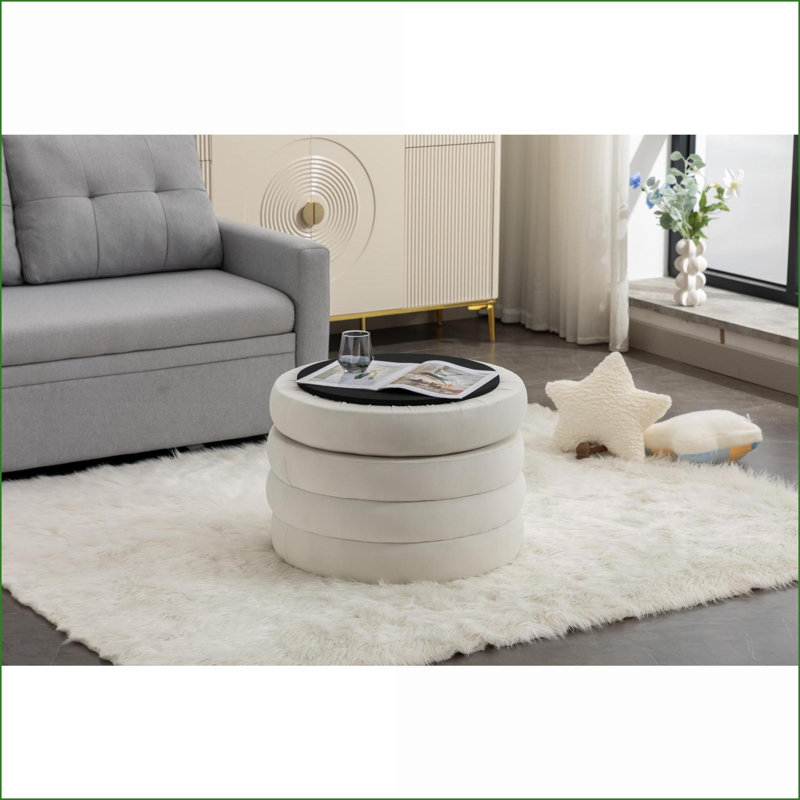 Repose-pieds avec rangement Tabouret de maquillage, plateau réversible de 24,41 po de largeur pour chambre à coucher | Ivoire | Velours