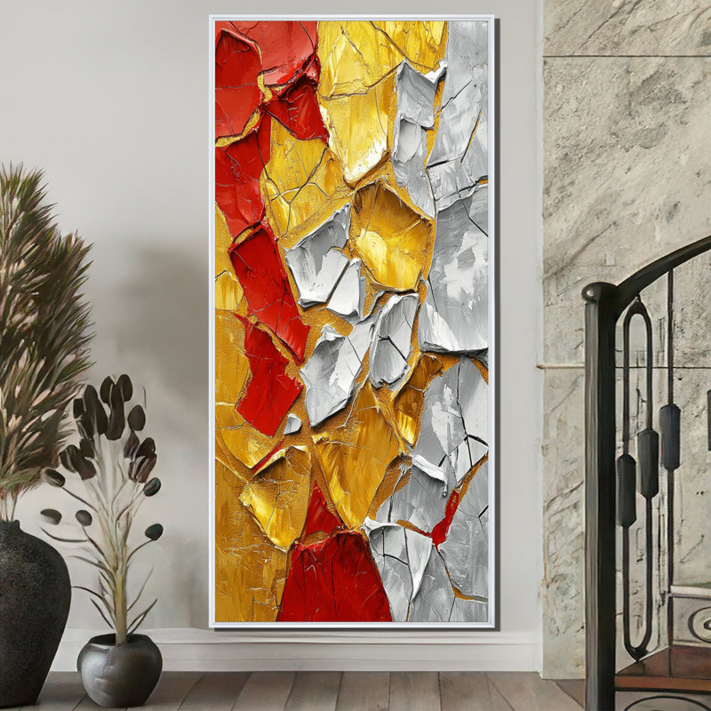 «Abstract Fiery Fragmented Balance I» - Art mural moderne, H 60 po x l 28 po, Reproduction avec cadre flottant, Blanc