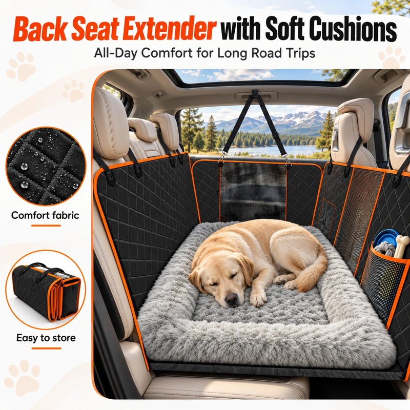 This extra-large hard-bottom rear dog hammock comes with a bed mat, holds 450LBS, and combines waterproof, anti-scratch protection with a safer layout that is easy to use and clean.