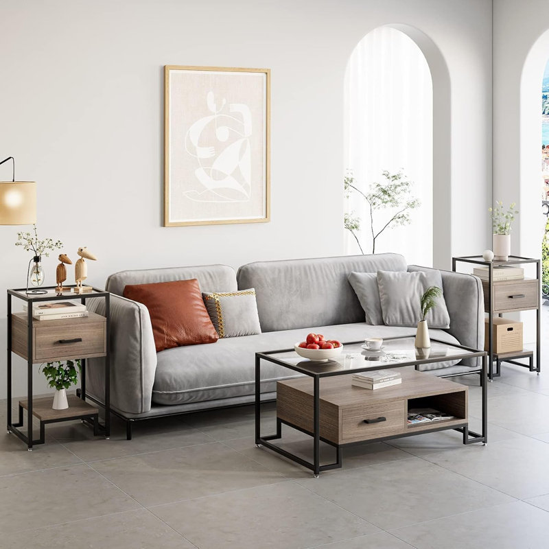 Table de bout avec tiroir de rangement et plateau de rangement en verre trempé à 3 niveaux, Gris / Noir