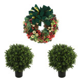 26" Holiday Wreath and Two UV Rated Boxwood Topiary Drop-Ins
