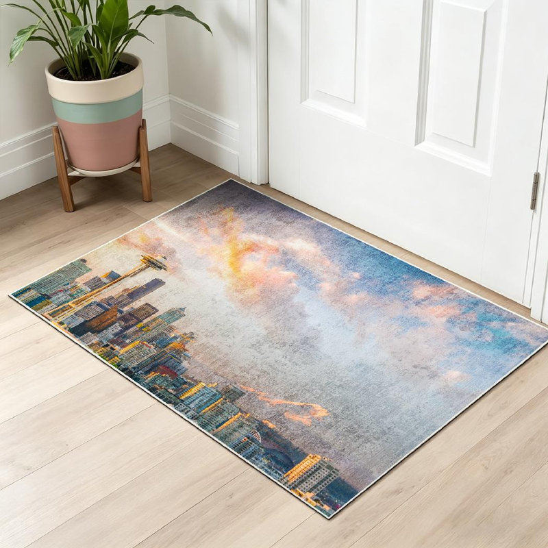 Tapis bleu bleu lavable à la machine du centre-ville de Seattle, Rectangle 32 po x 47 po