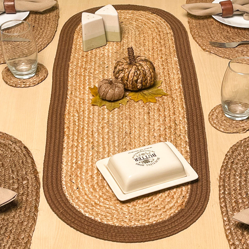 VERONA JUTE BORDER ROUND TABLE RUNNER, 13" x 36", Natural/Brown
