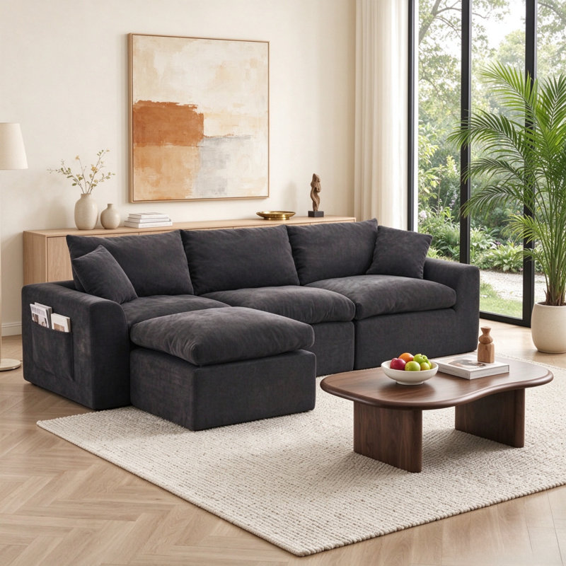 Canapé d'angle convertible modulable en chenille noire de 280 cm avec méridienne, mousse 32D, Chenille noir, Noir
