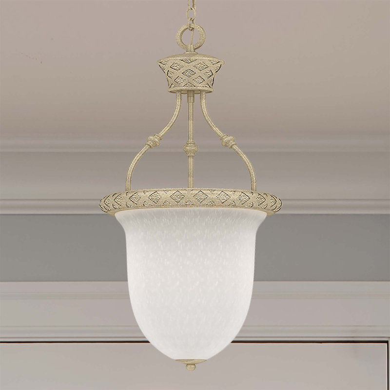 Kendrie 3-Light Indoor Golden Coral Pendant with Etched Seedy Glass Large Bell Shade