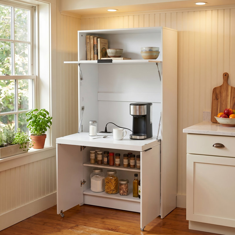 Armoire de cuisine compacte de 69 po de hauteur, buffet en panneau de fibres à densité moyenne de qualité P2 avec huche et poste de travail pliable, armoire de rangement multifonctionnelle avec tablette réglable et prise de courant pour la salle à manger et le salon