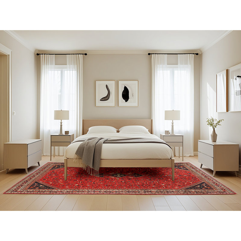 Tapis en laine rouge / noir, Rectangle 5 pi x 8 pi