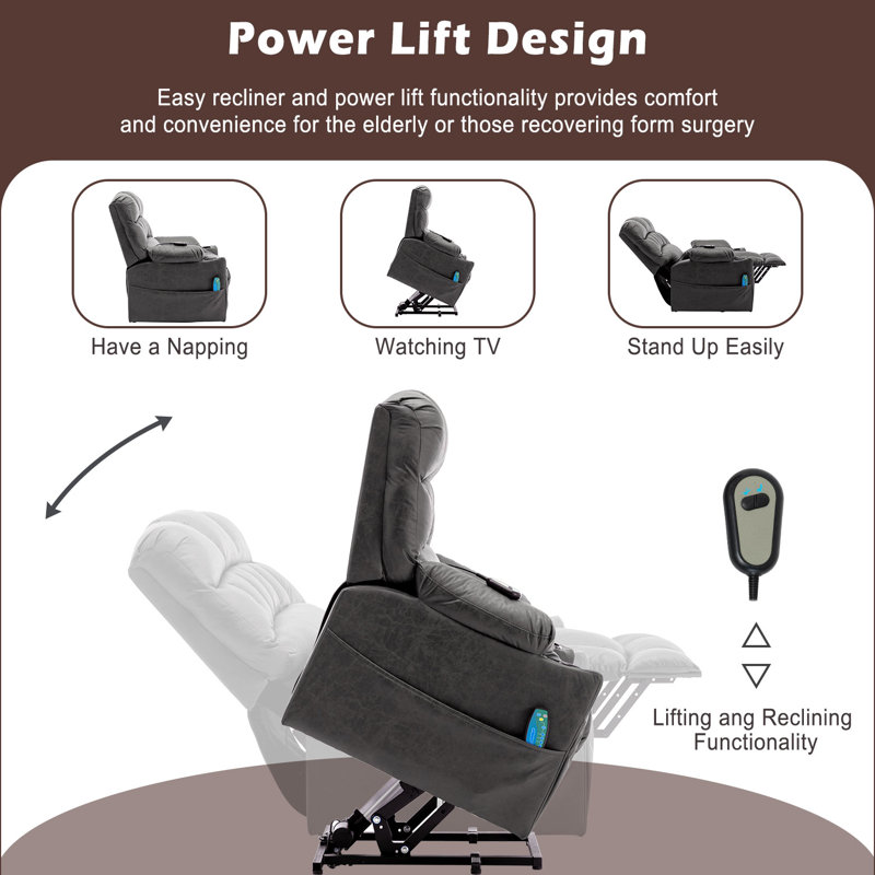 Power Lift Recliner Massage Chair with Cup Holders, Heavy Duty Electric Lounge Chair for Elderly, Grey