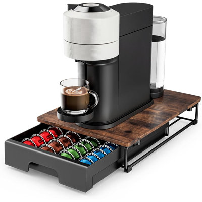 Tiroir de rangement en bois pour dosettes de café pour capsules Nespresso VertuoLine, organisateur de comptoir de grande capacité, brun rustique