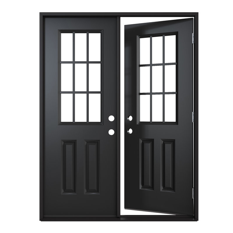 Entry Front Exterior Steel Door 64" x 80"(2 * 32" x 80") Painted Black 9-Lite Clear Glass French Door With Jamb,Classic Design & Modern Style & Long-Lasting Use, Right-Hand Inswing (Not Included Hardware Kit)