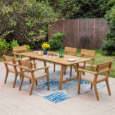 7-Piece Extendable Acacia Wood Outdoor Dining Set with Wicker Chairs, Rectangular Patio Table with Hidden Leaf, Weather-Resistant Wooden Furniture Set