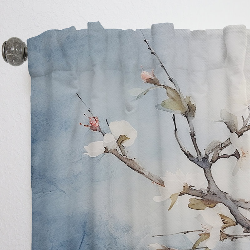Avenale Blue and Grey Cherry Blossoms Sapphire - Traditional Curtain - Velvet Room Darkening - 1 panel, 52" W x 84" L