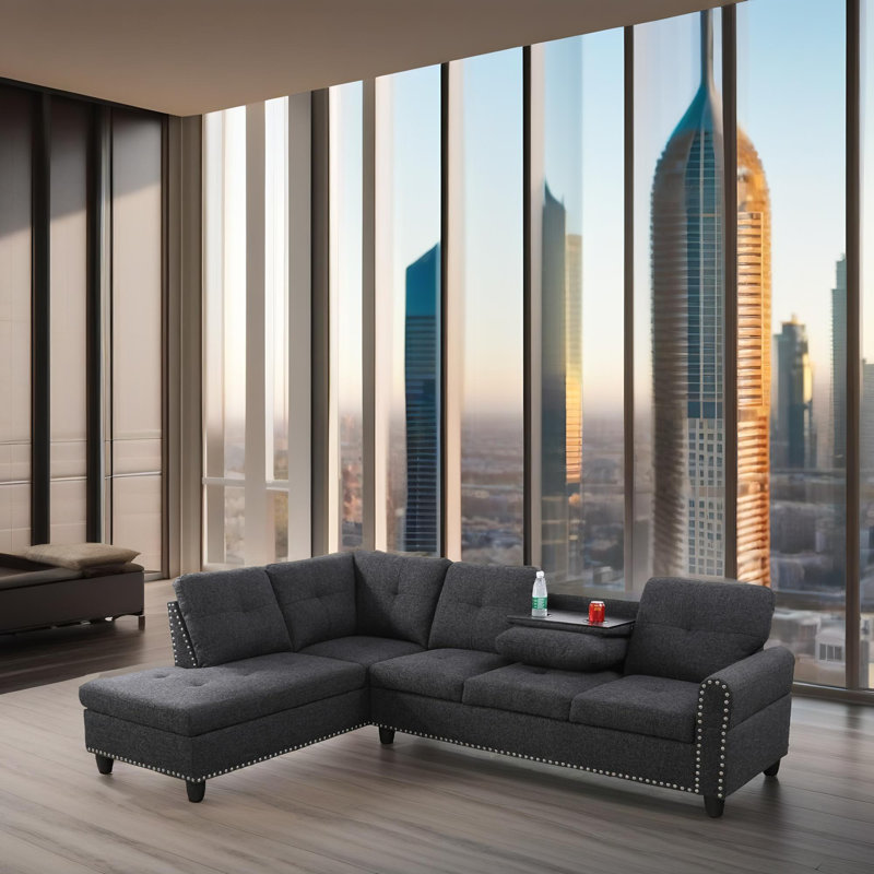Nova Black Grey Linen Left-Facing Sectional 2-Piece Sofa Living Room Sofa Set, Left Hand Facing, Dark Gray Linen