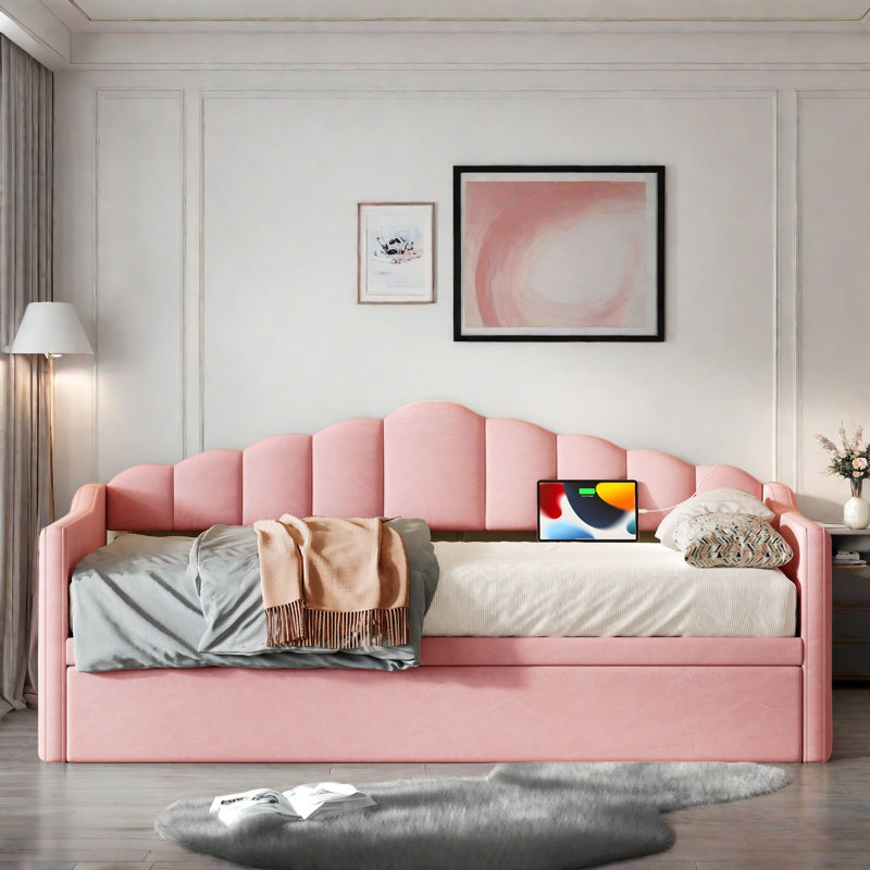 Upholstered Daybed With Pop Up Trundle, Charging Ports, 2 Side Pockets And Curved Backrest Design, Pink