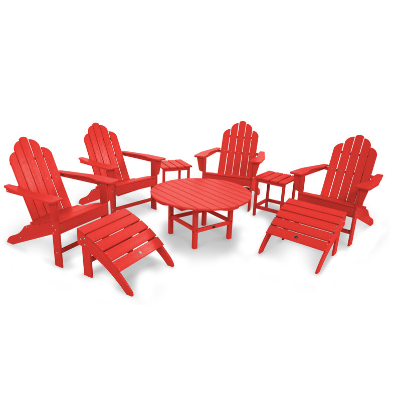 POLYWOOD Long Island Adirondack 9-Piece Conversation Group, Sunset Red