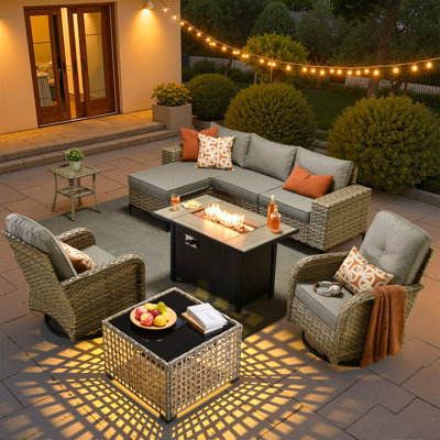 Emroy 5 - Person L-Shaped Sectional Outdoor Conversation Set,Wicker Patio Seating Group with Lighted Coffee Table, All Weather Swivel Chair Set with Cushions