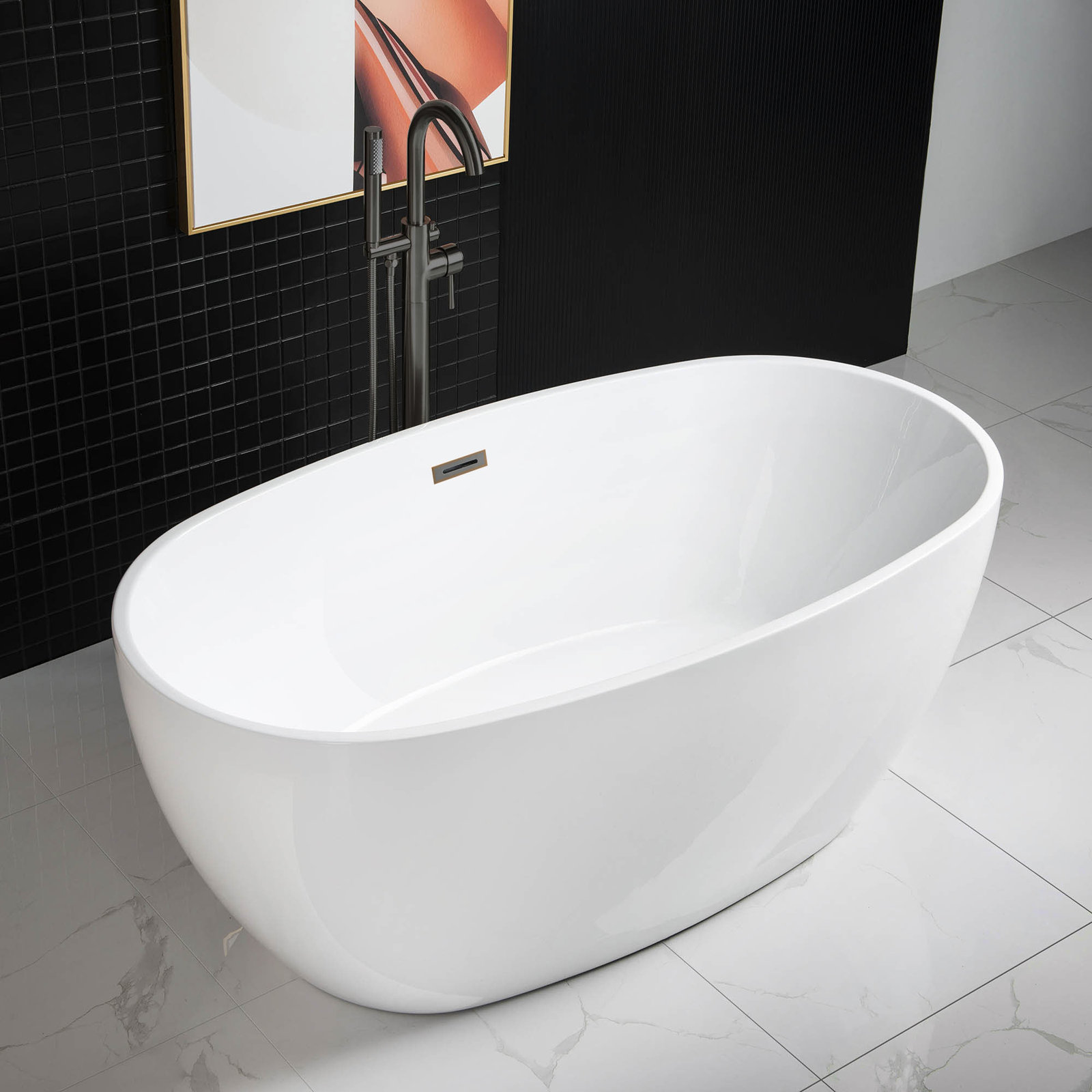 Ember 59" Freestanding Soaking Acrylic Bathtub, Oil Rubbed Bronze, White