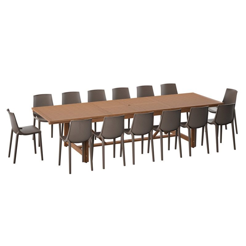 Ensemble de table de salle à manger extensible et chaises d'extérieur 15 pièces Wayland | Finition teck | Idéal pour le patio, la table et les chaises brunes