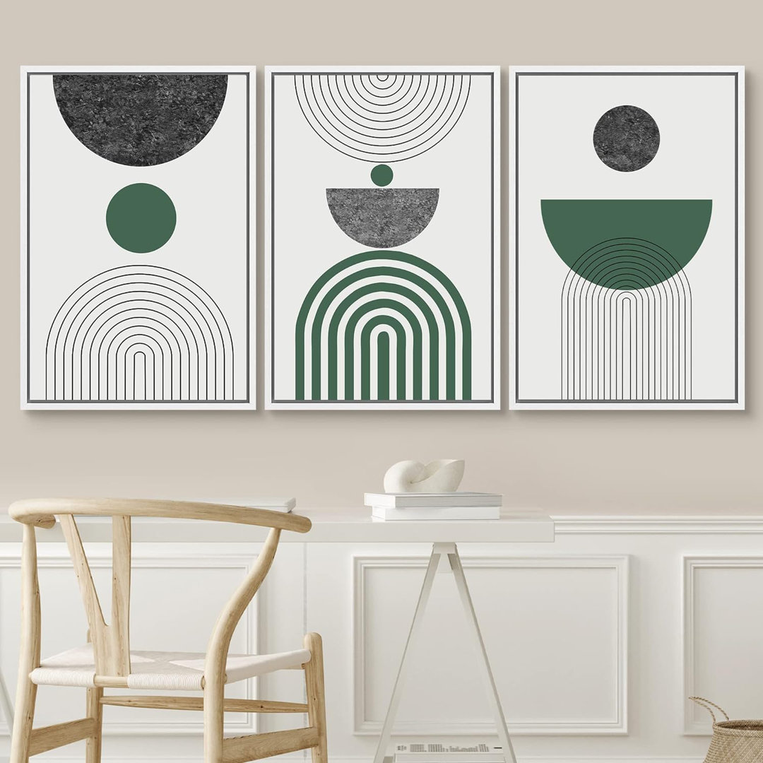 Mid Century Modern Boho Green Abstract Framed On Canvas 3 Pieces Print IDEA4WALL