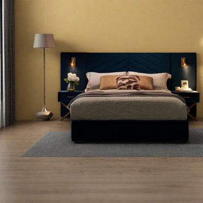 Très grand lit en velours avec structure en bois, à oreilles moderne pour la maison