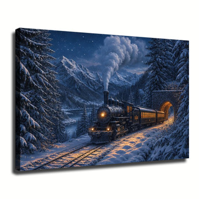 Train à vapeur vintage traversant une forêt de montagne enneigée sous un ciel étoilé, tableau sur toile représentant un paysage d'hiver pour la décoration du salon