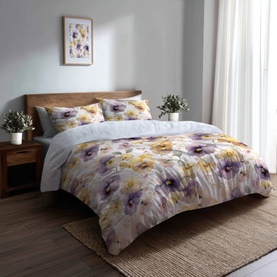 Floral Duvet Cover Set Of 3 - French Country Pastel Pansy Harmony Bedding And Throw Pillow Set