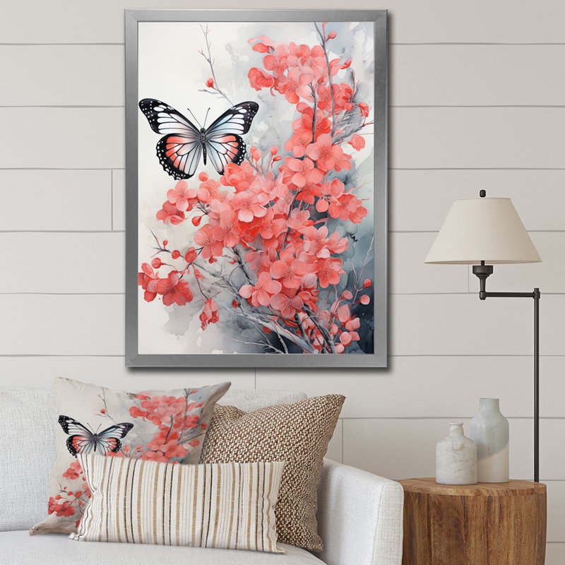 Papillon corail gris, beauté éphémère I - animaux, impressions d'art mural, H 32 po x l 24 po x P 1 po, Cadre photo argenté