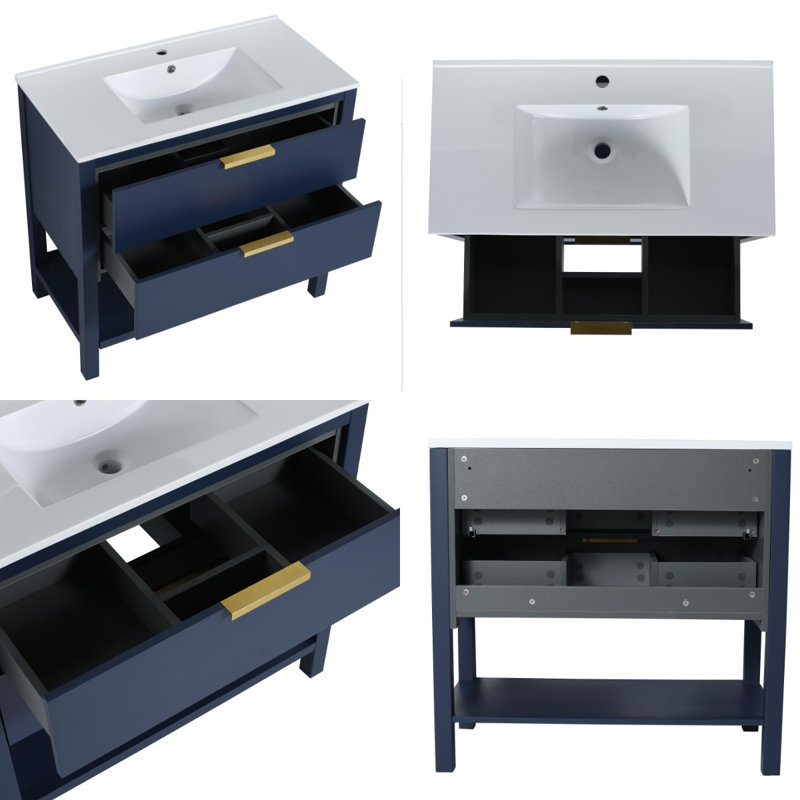 35.92'' Single Bathroom Vanity with Resin Top, Navy Blue