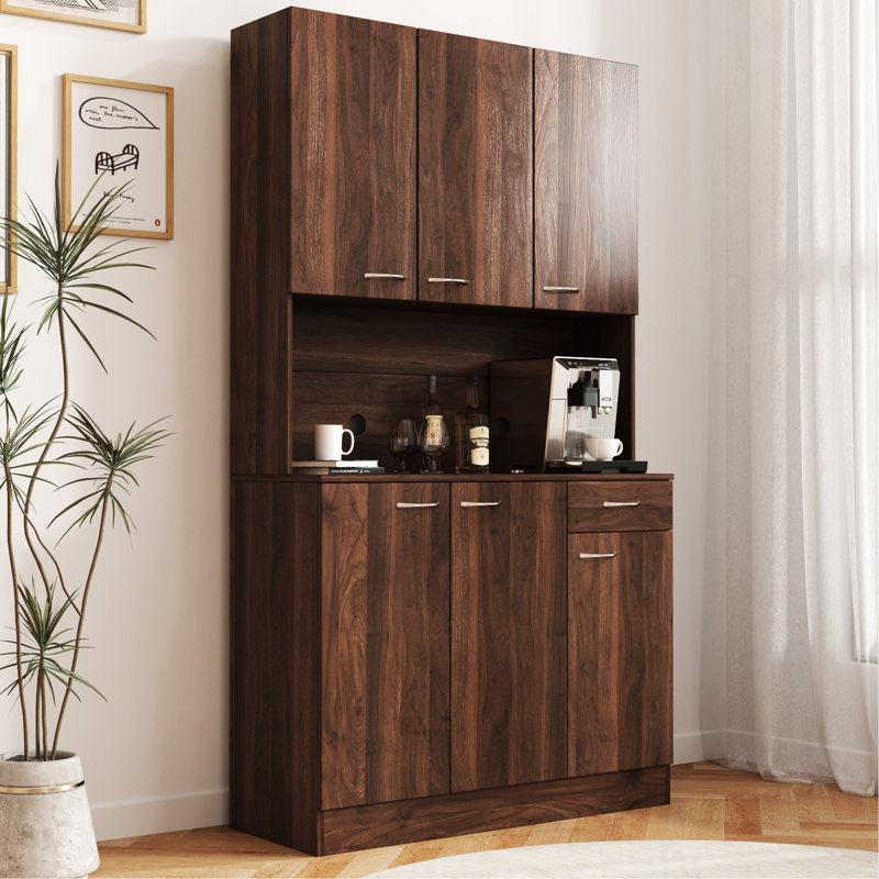 Armoire de cuisine et garde-robe en noyer de 72,01 po de hauteur, 6 portes, 1 tablette ouverte, matériau de tiroir, finition d'armoire attrayante, espace de rangement spacieux, couleur de chambre à coucher, facile à nettoyer, grand