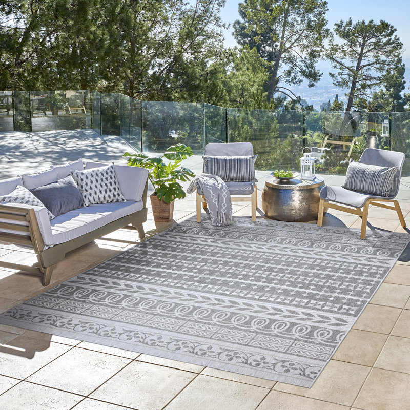 Tapis intérieur / extérieur tissé à plat toutes saisons Paseo Astrid gris cendré bohémien rayé - patio, terrasse, porche et salon - gris, 5 x 7
