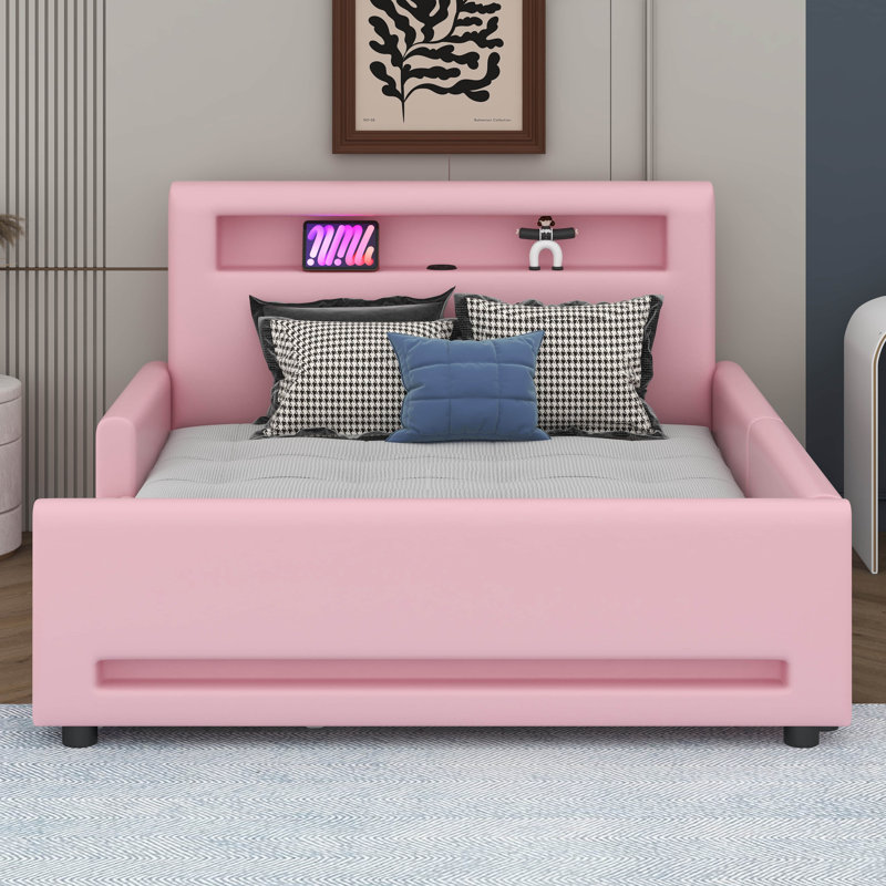 Lit plateforme tapissier avec tiroir, bande lumineuse à DEL et port USB, Lit double, Rose