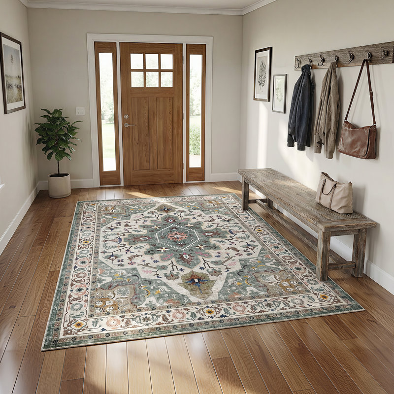 Washable Non-Slip Area Rug, Vintage Pattern Low-Pile Doormat, Rectangle 5' x 7'