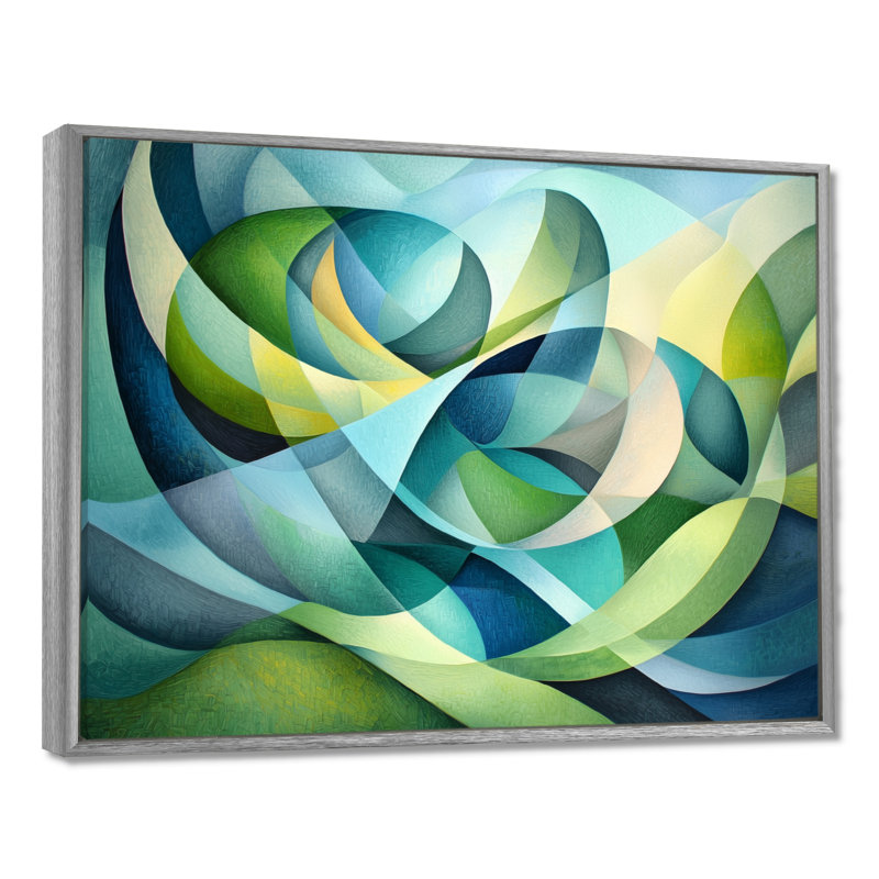 Collage de feuilles biologiques vertes et bleus collages III - Cubisme abstrait, H 30 po x l 40 po, Argent argent