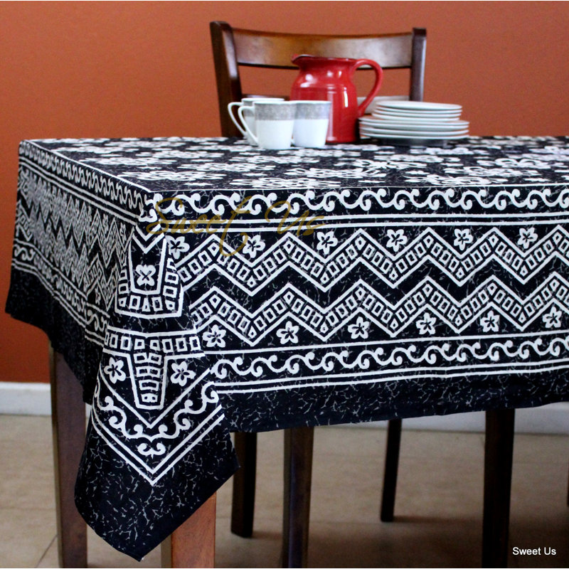 Cotton Floral Tablecloth Rectangle  70X104 Black Grey Kitchen Dining Linen, Black/Gray