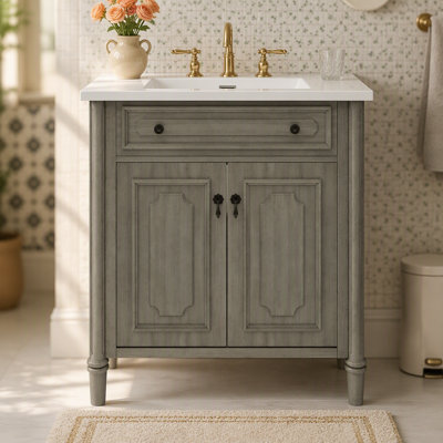 Meuble-lavabo de salle de bain rétro 30 po avec lavabo, armoire de salle de bain rustique avec portes à fermeture en douceur et tablette réglable, conception à profil courbé, pieds en bois d'hévéa, gris