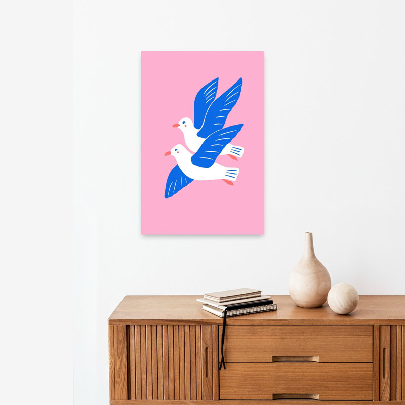 Joyful Blue Birds Minimalist Modern Playful Seagull Bird Landscape Nature Wall Art Print by Mathieu - Wrapped Canvas Print