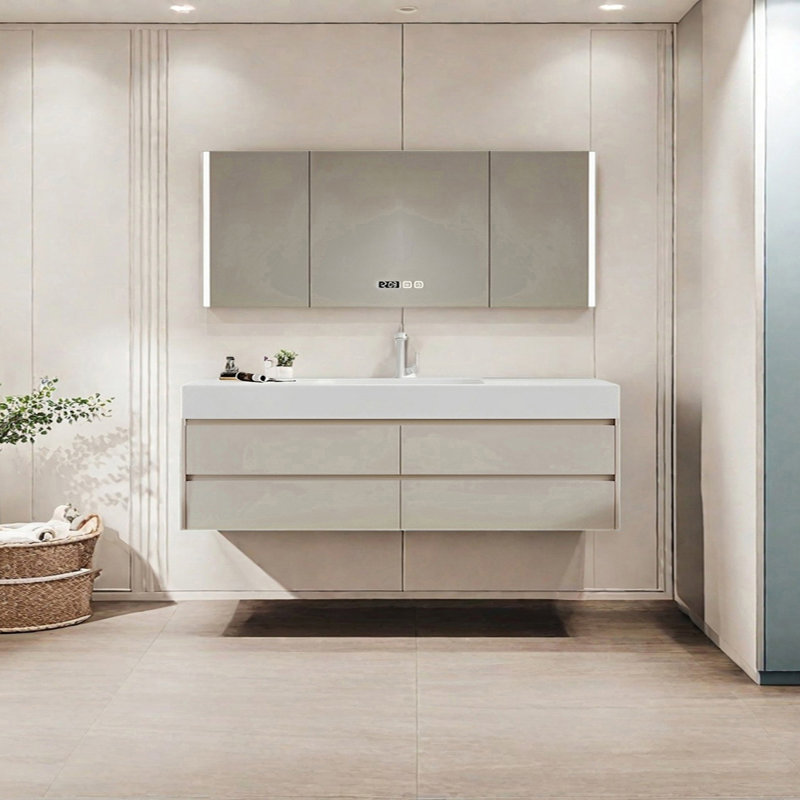 Armoire de salle de bain crème, Beige, H 19,68 po x l 66,92 po x P 21,65 po